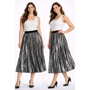 CeCe Metallic Pleated Midi Skirt Womens Small Silver Elastic Waist NWT